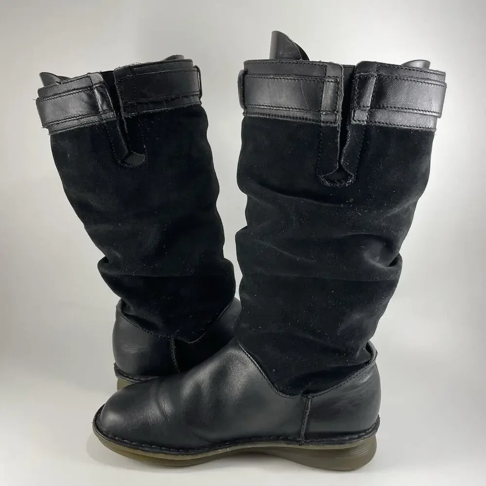 Dr Martens 11415 Buckle Mid Calf Tall Boots Womens Size 9 Black Leather Suede